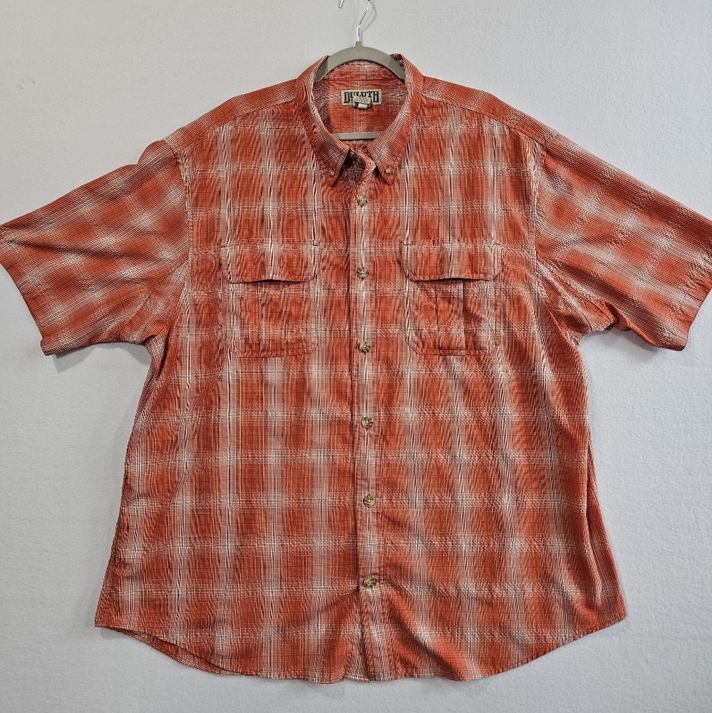 Duluth Trading Co Mens Short Sleeve Button Up Shirt Orange Plaid 2XL Nylon Blend